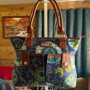 Spartina 449 Navy and Tan Floral Tote